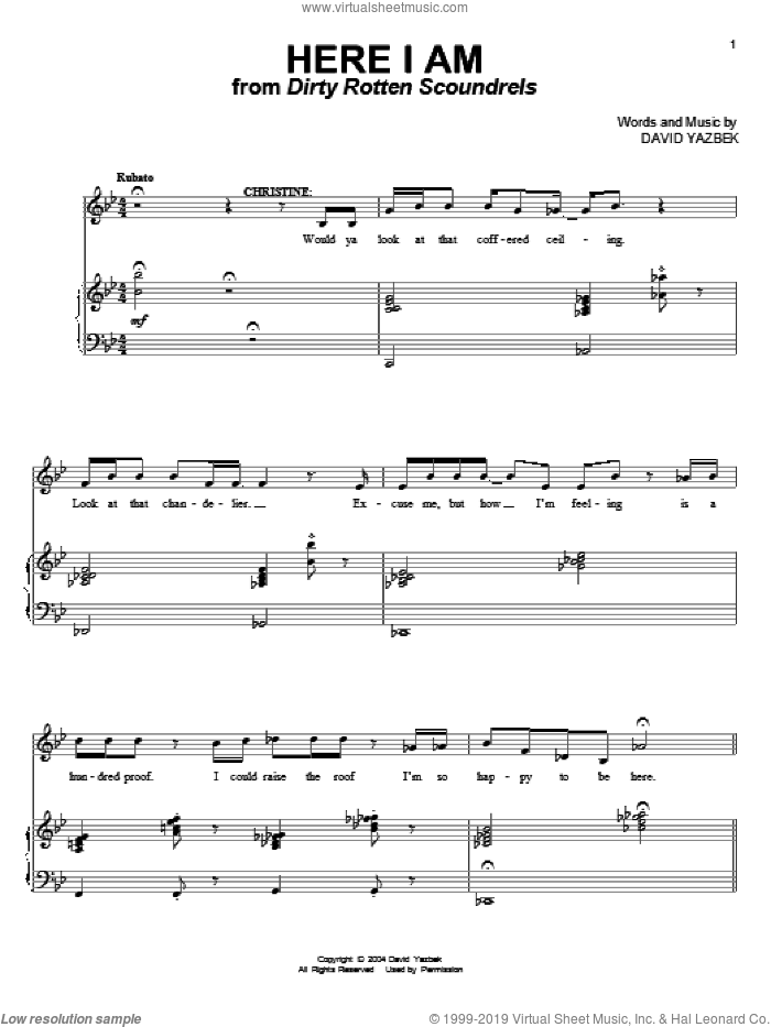 Here I Am sheet music for voice and piano by David Yazbek, intermediate skill level