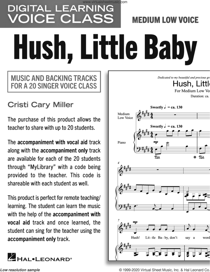 Hush, Little Baby (Medium Low Voice) (includes Audio) sheet music for voice and piano by Cristi Cary Miller, intermediate skill level