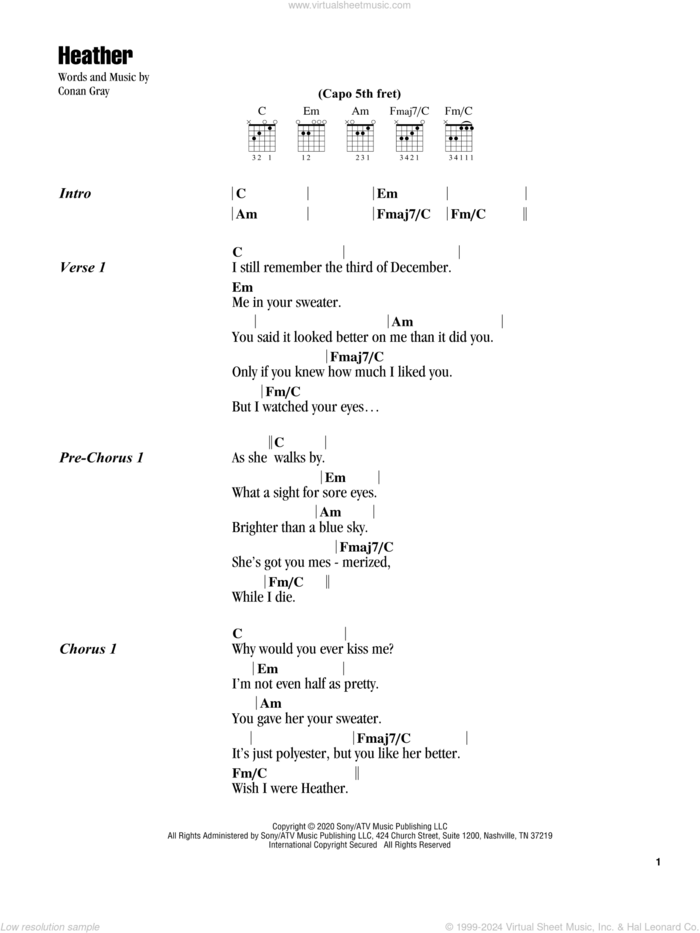 Heather sheet music for guitar (chords) by Conan Gray, intermediate skill level