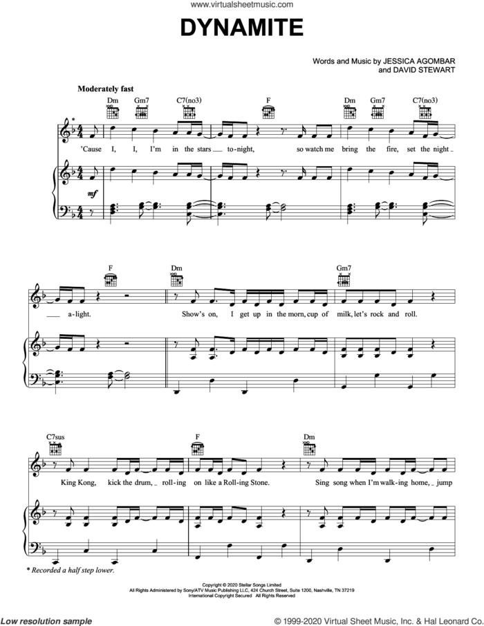 Dynamite sheet music for voice, piano or guitar by BTS, Dave Stewart and Jessica  Agombar, intermediate skill level