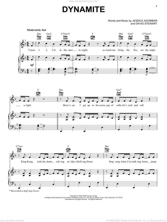 Dynamite sheet music for voice, piano or guitar by BTS, Dave Stewart and Jessica  Agombar, intermediate skill level