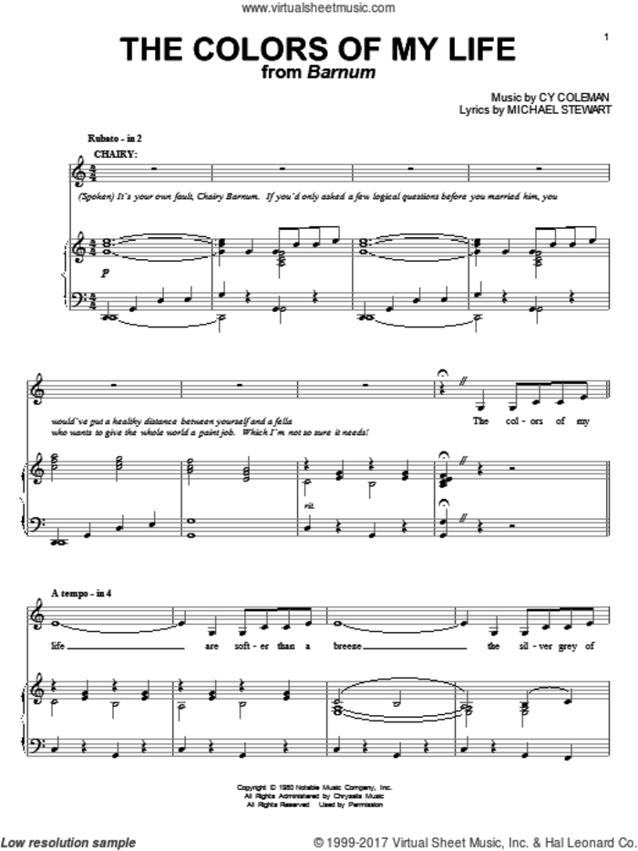 The Colors Of My Life sheet music for voice and piano by Cy Coleman and Michael Stewart, intermediate skill level
