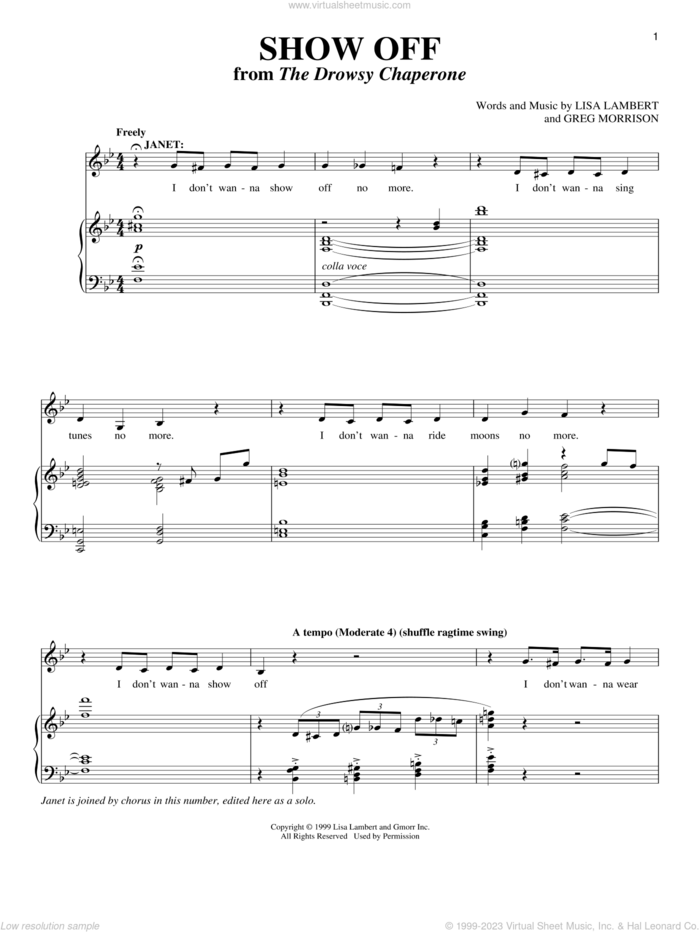 Show Off sheet music for voice and piano by Lisa Lambert and Greg Morrison, intermediate skill level