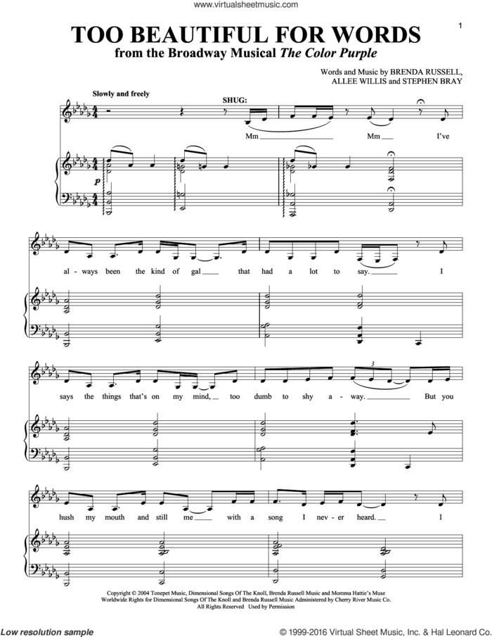 Too Beautiful For Words sheet music for voice and piano by Allee Willis, Brenda Russell and Stephen Bray, intermediate skill level