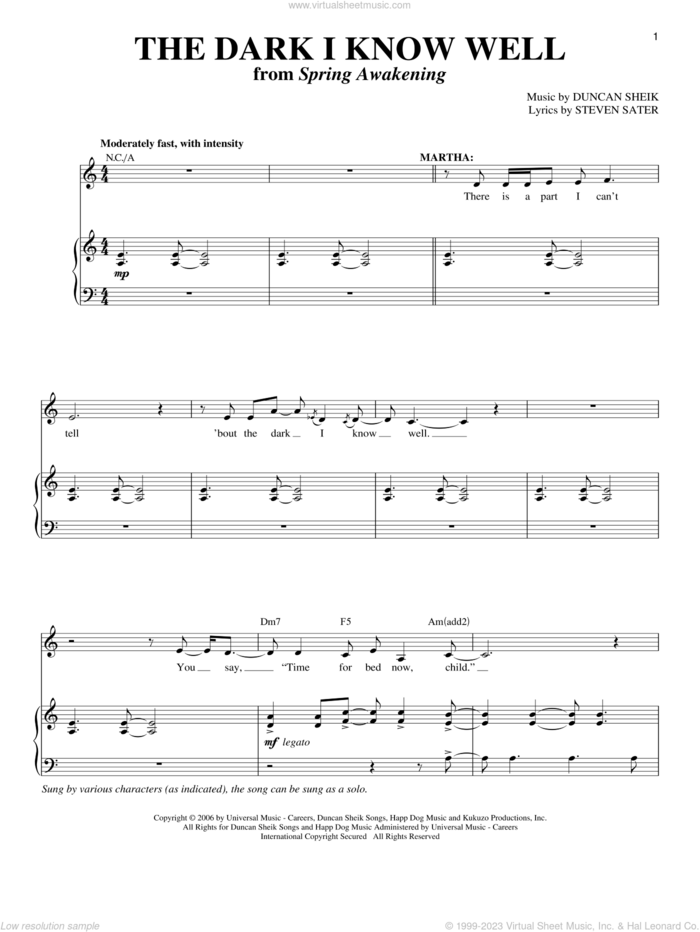 The Dark I Know Well sheet music for voice and piano by Duncan Sheik, Spring Awakening (Musical) and Steven Sater, intermediate skill level