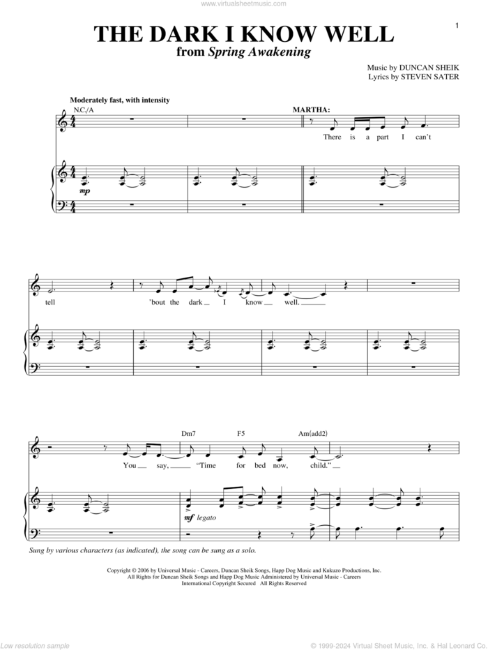 The Dark I Know Well sheet music for voice and piano by Duncan Sheik, Spring Awakening (Musical) and Steven Sater, intermediate skill level