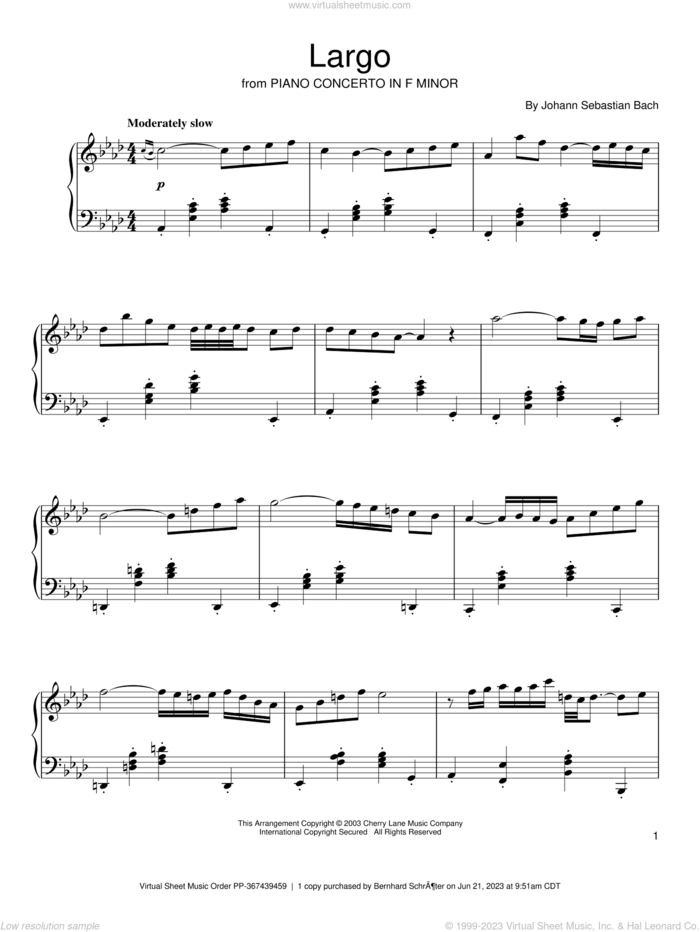 Largo sheet music for piano solo by Johann Sebastian Bach, classical score, intermediate skill level