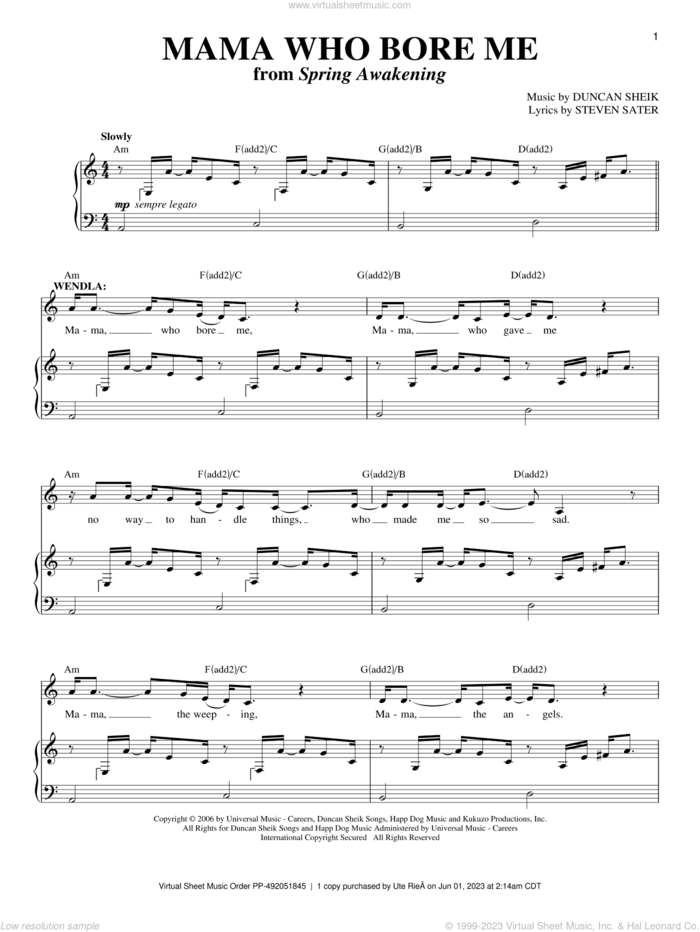 Mama Who Bore Me sheet music for voice and piano by Duncan Sheik, Spring Awakening (Musical) and Steven Sater, intermediate skill level