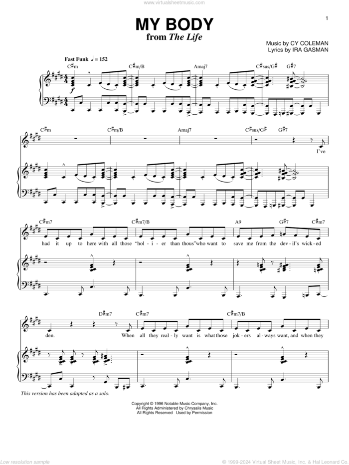 My Body (from The Life) sheet music for voice and piano by Cy Coleman and Ira Gasman, intermediate skill level