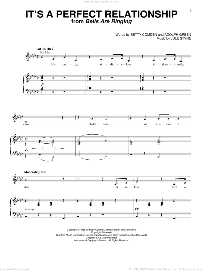 It's A Perfect Relationship (from Bells Are Ringing) sheet music for voice and piano by Betty Comden, Adolph Green and Jule Styne, intermediate skill level