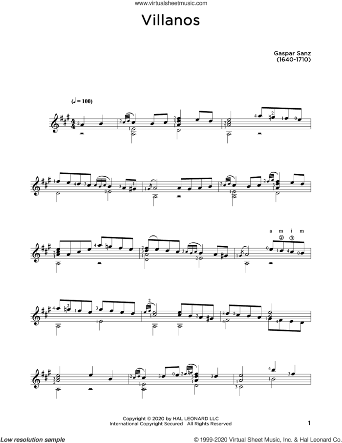 Villanos sheet music for guitar solo by Gaspar Sanz and John Hill, classical score, intermediate skill level