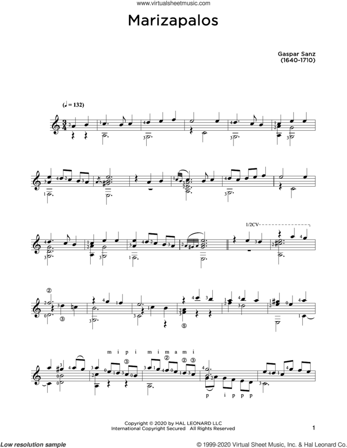 Marizapalos sheet music for guitar solo by Gaspar Sanz and John Hill, classical score, intermediate skill level