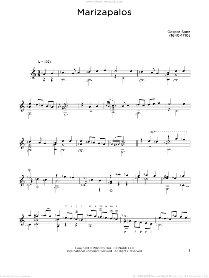 Marizapalos sheet music for guitar solo by Gaspar Sanz and John Hill, classical score, intermediate skill level