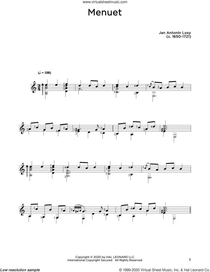 Menuet sheet music for guitar solo by Jan Antonin Losey and John Hill, classical score, intermediate skill level