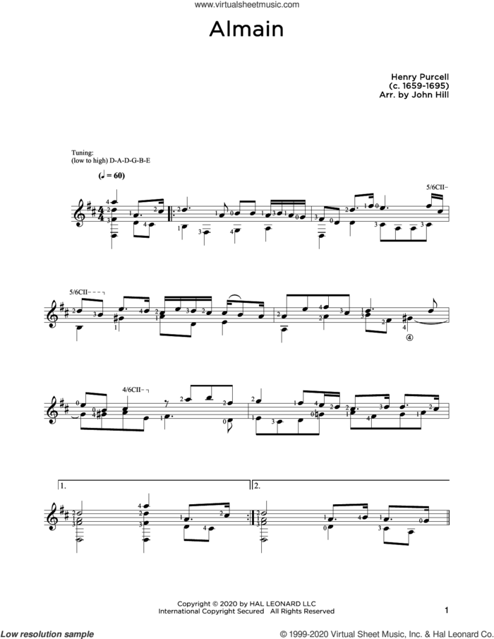 Almain sheet music for guitar solo by Henry Purcell and John Hill, classical score, intermediate skill level