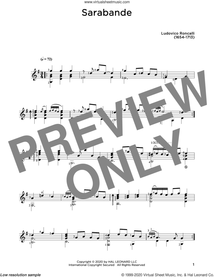 Sarabande sheet music for guitar solo by Ludovico Roncalli and John Hill, classical score, intermediate skill level