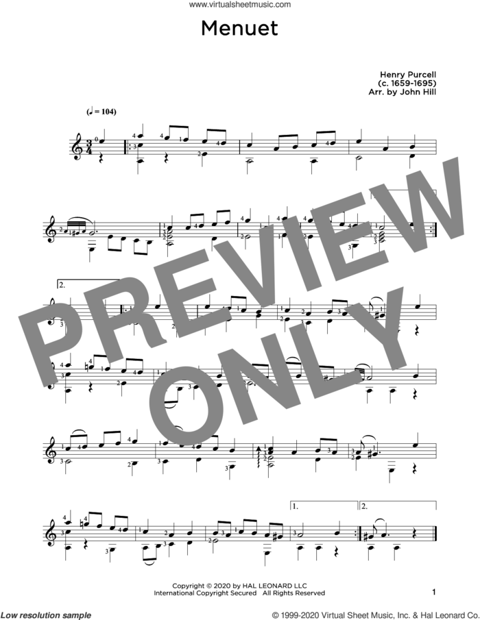 Menuet sheet music for guitar solo by Henry Purcell and John Hill, classical score, intermediate skill level