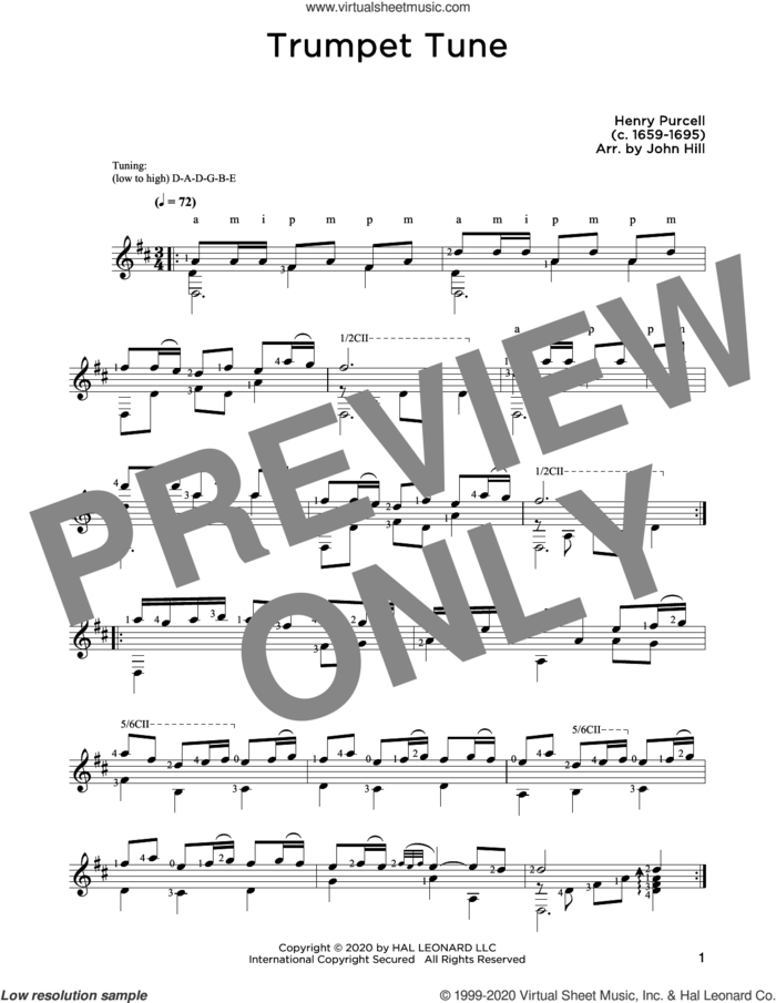 Trumpet Tune sheet music for guitar solo by Henry Purcell and John Hill, classical score, intermediate skill level