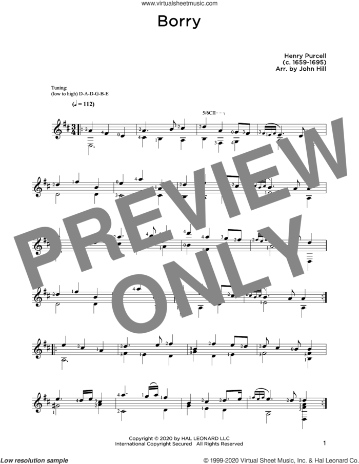 Borry sheet music for guitar solo by Henry Purcell and John Hill, classical score, intermediate skill level