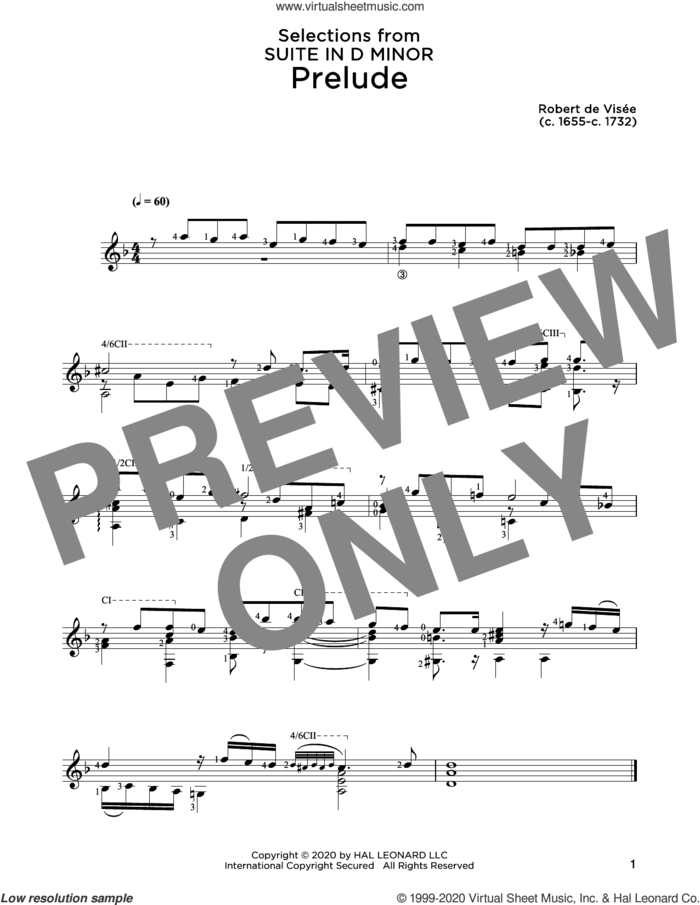 Prelude sheet music for guitar solo by Robert de Visee and John Hill, classical score, intermediate skill level