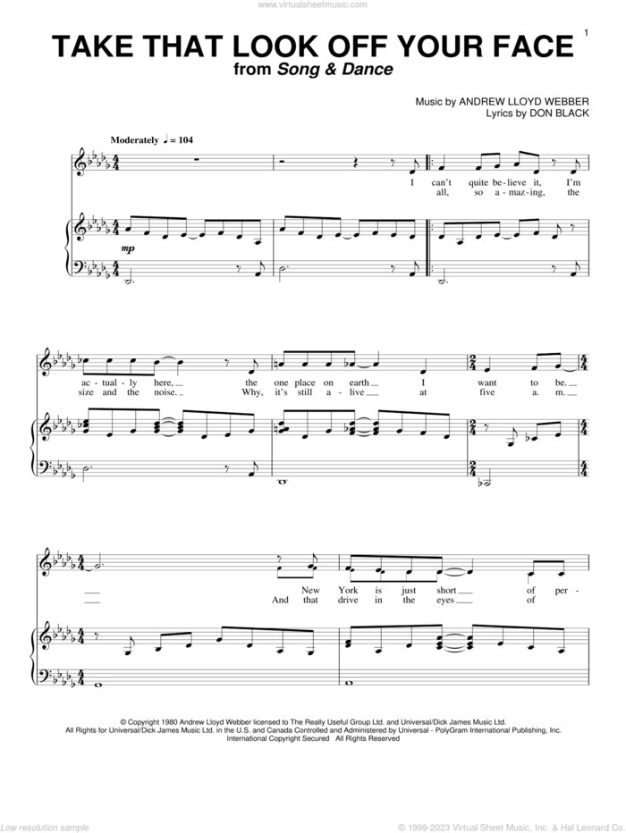 Take That Look Off Your Face (from Song and Dance) sheet music for voice and piano by Andrew Lloyd Webber and Don Black, intermediate skill level