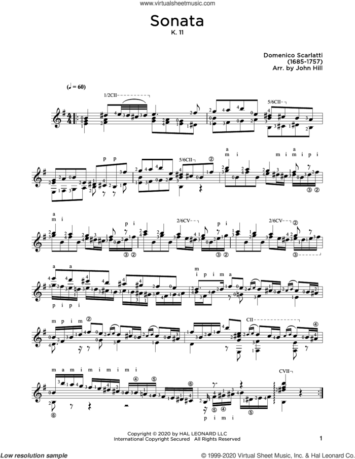 Sonata, L. 352 sheet music for guitar solo by Domenico Scarlatti and John Hill, classical score, intermediate skill level