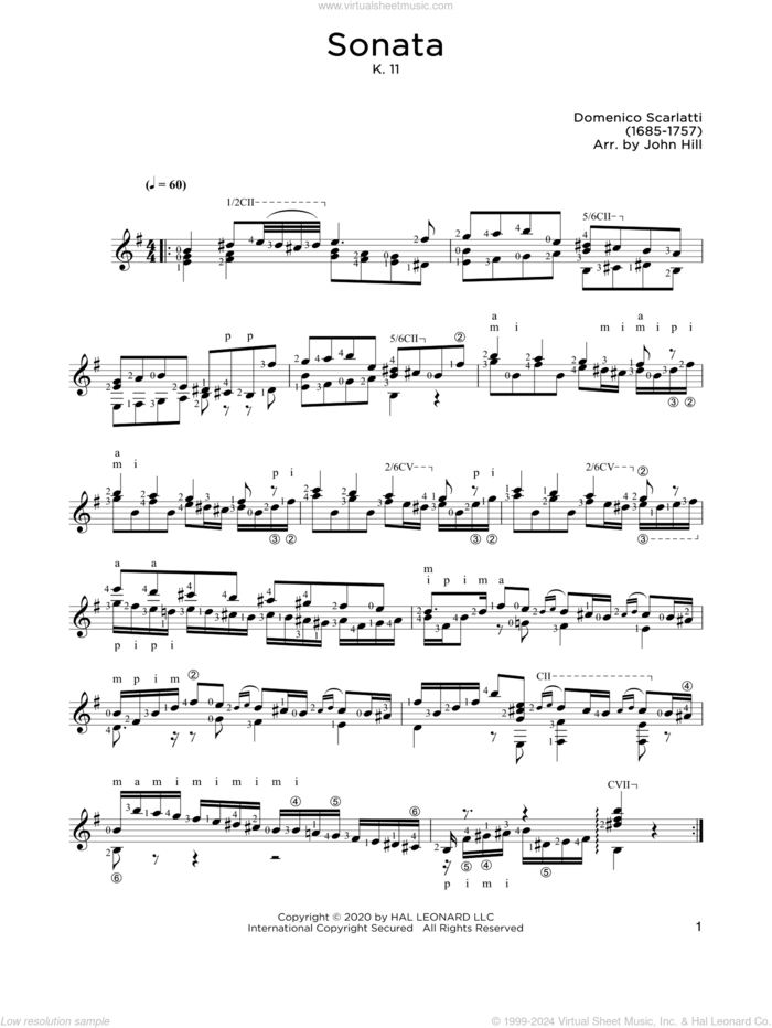 Sonata, L. 352 sheet music for guitar solo by Domenico Scarlatti and John Hill, classical score, intermediate skill level