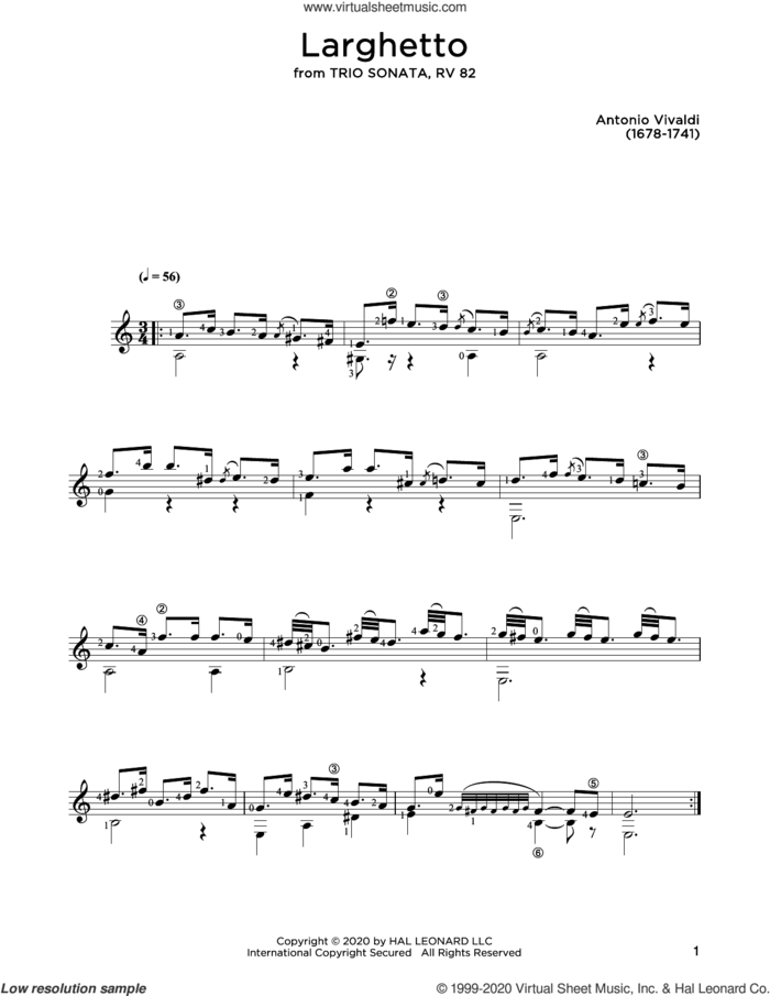 Larghetto sheet music for guitar solo by Antonio Vivaldi and John Hill, classical score, intermediate skill level