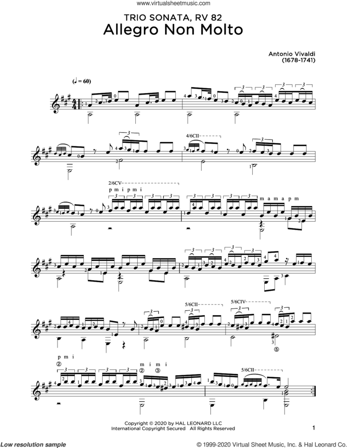 Allegro Non Molto sheet music for guitar solo by Antonio Vivaldi and John Hill, classical score, intermediate skill level