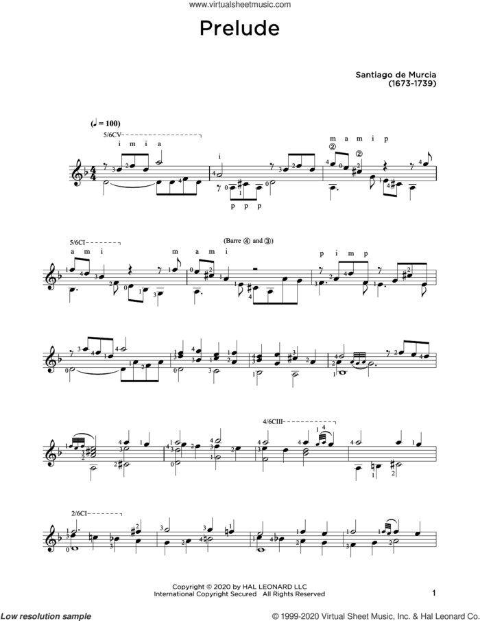 Prelude sheet music for guitar solo by Santiago de Murcia and John Hill, classical score, intermediate skill level