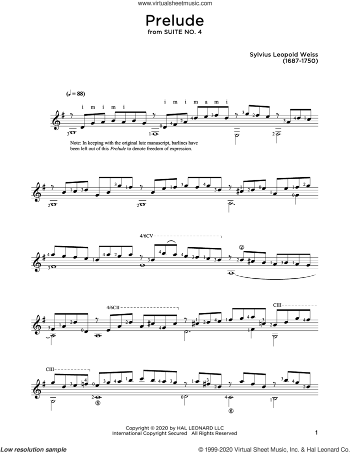 Prelude sheet music for guitar solo by Sylvius Leopold Weiss and John Hill, classical score, intermediate skill level