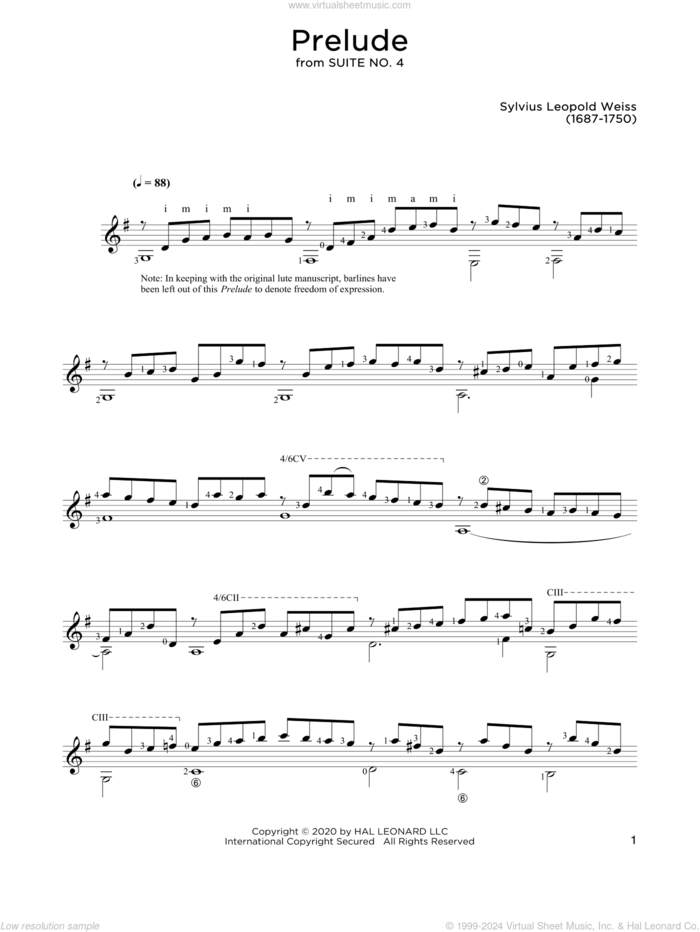 Prelude sheet music for guitar solo by Sylvius Leopold Weiss and John Hill, classical score, intermediate skill level