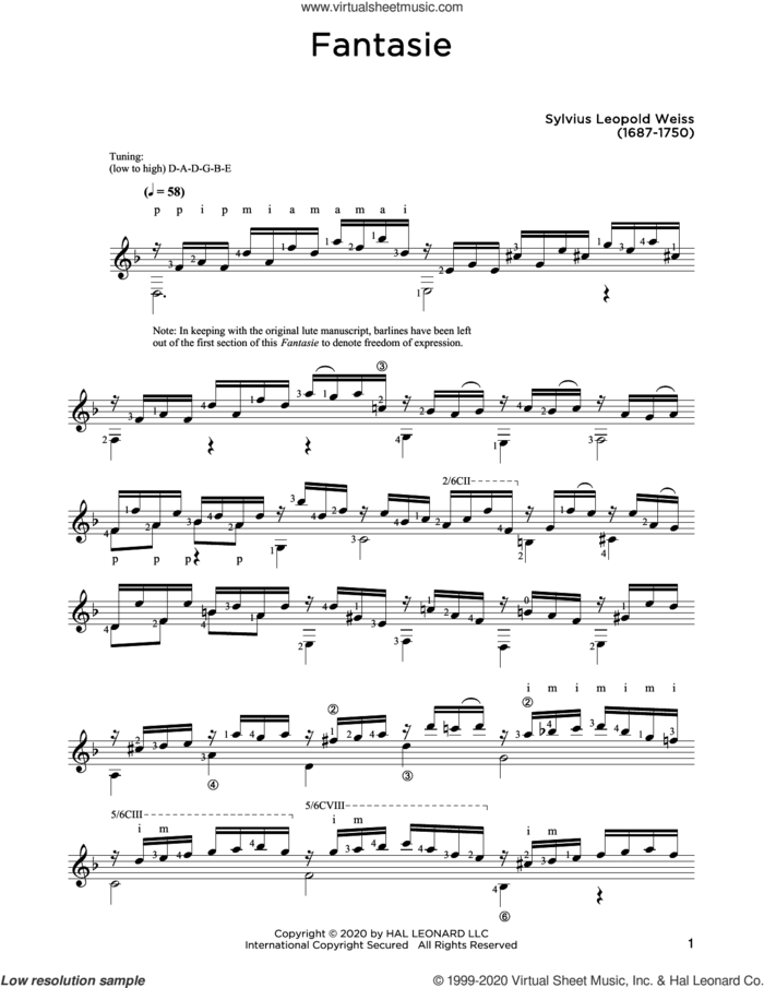 Fantasie sheet music for guitar solo by Sylvius Leopold Weiss and John Hill, classical score, intermediate skill level