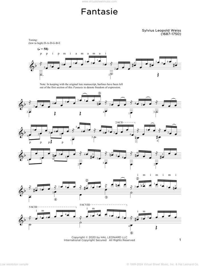 Fantasie sheet music for guitar solo by Sylvius Leopold Weiss and John Hill, classical score, intermediate skill level