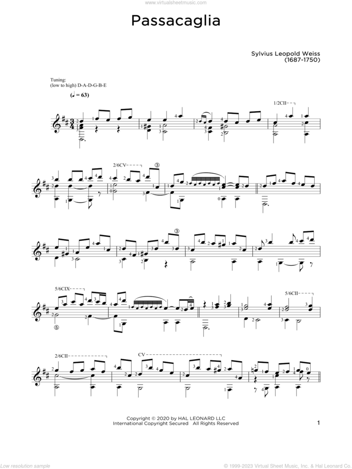 Passacaglia sheet music for guitar solo by Sylvius Leopold Weiss and John Hill, classical score, intermediate skill level