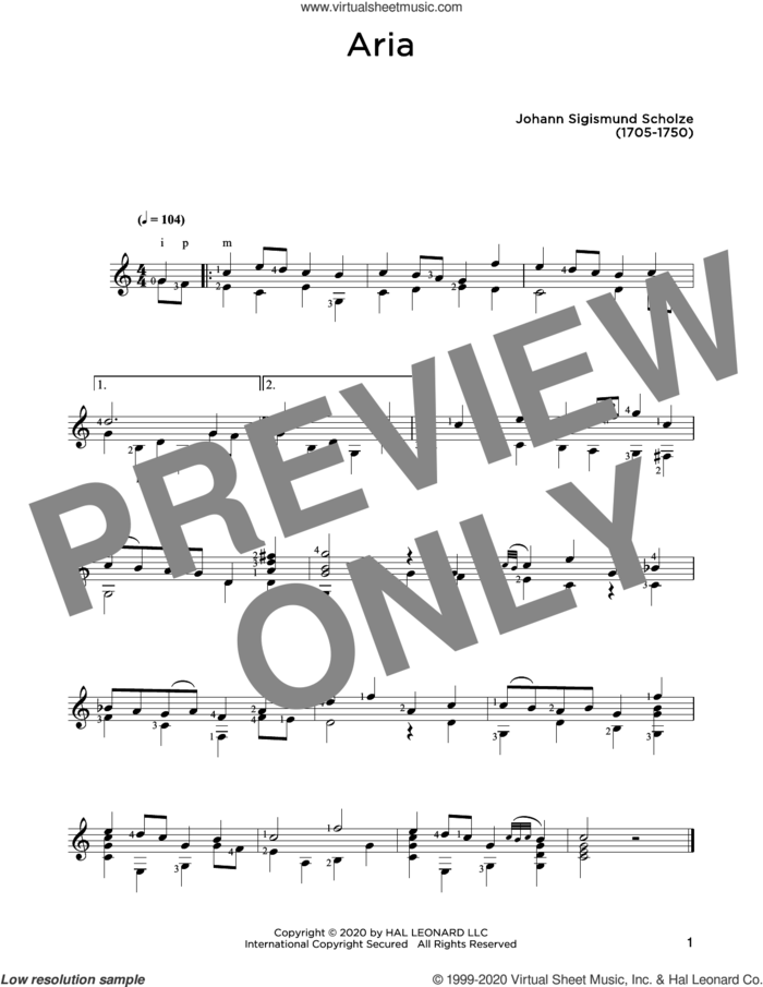 Aria sheet music for guitar solo by Johann Sigismund Scholze and John Hill, classical score, intermediate skill level