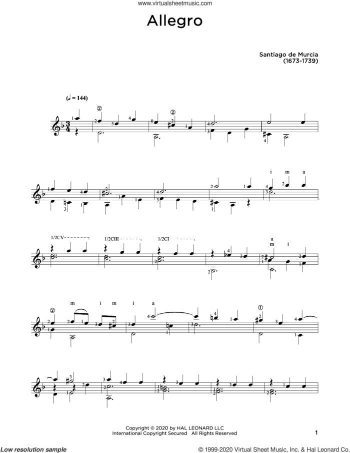 Allegro sheet music for guitar solo by Santiago de Murcia and John Hill, classical score, intermediate skill level