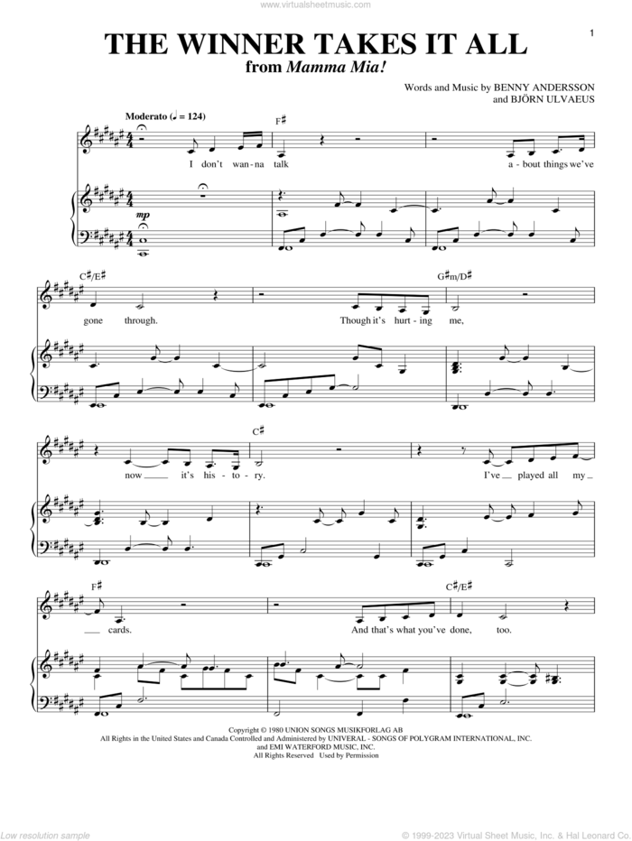 The Winner Takes It All sheet music for voice and piano by ABBA, Mamma Mia! (Musical), Benny Andersson and Bjorn Ulvaeus, intermediate skill level