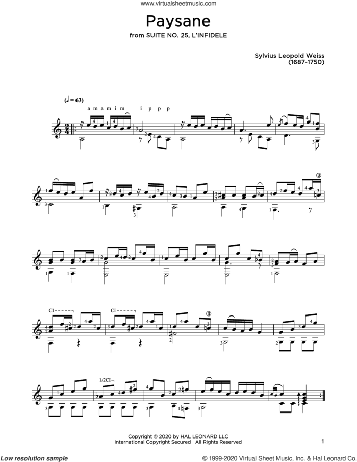 Paysane sheet music for guitar solo by Sylvius Leopold Weiss and John Hill, classical score, intermediate skill level