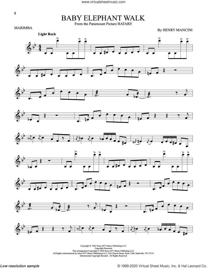 Baby Elephant Walk sheet music for Marimba Solo by Henry Mancini and Hal David, intermediate skill level