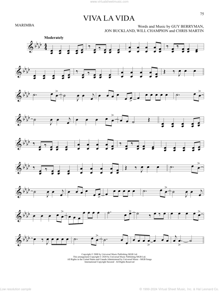 Viva La Vida sheet music for Marimba Solo by Coldplay, Chris Martin, Guy Berryman, Jon Buckland and Will Champion, intermediate skill level