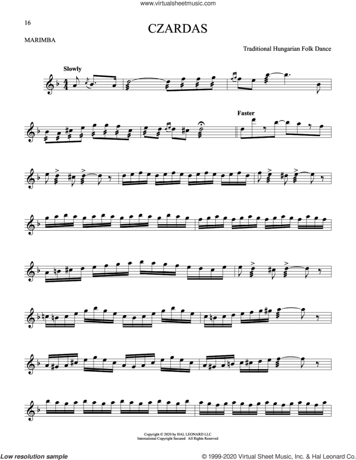 Czardas sheet music for Marimba Solo by Traditional Hungarian Folk Dance, classical score, intermediate skill level