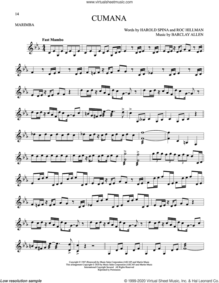 Cumana sheet music for Marimba Solo by Harold Spina, Barclay Allen and Roc Hillman, intermediate skill level