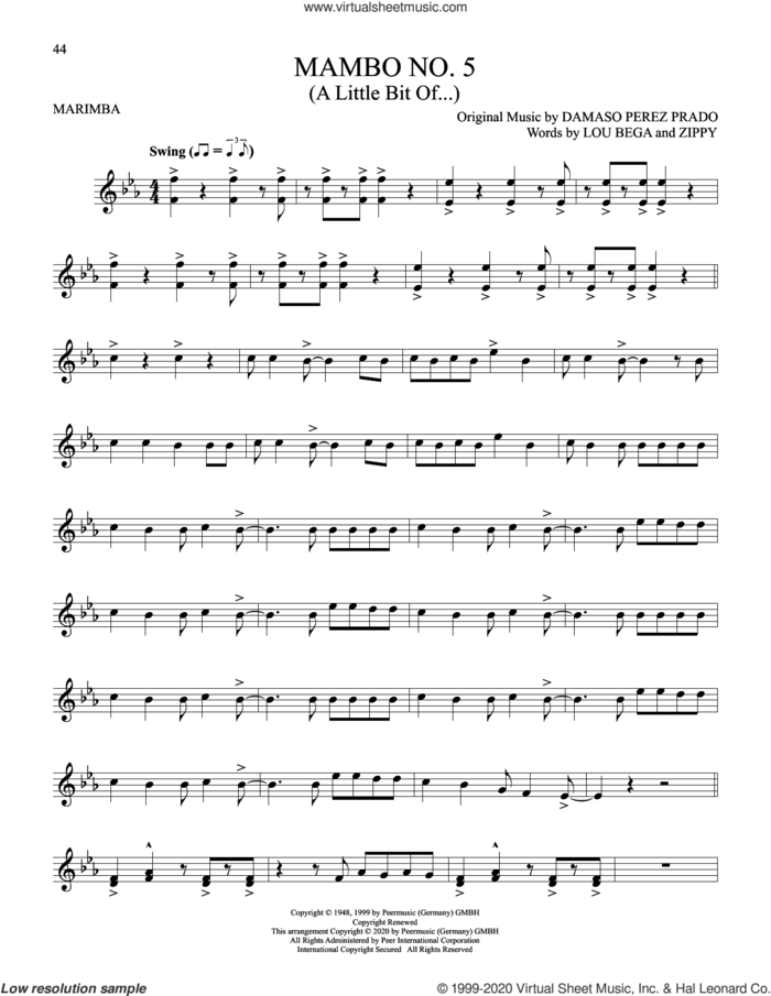 Mambo No. 5 (A Little Bit Of...) sheet music for Marimba Solo by Lou Bega, Damaso Perez Prado and Zippy, intermediate skill level