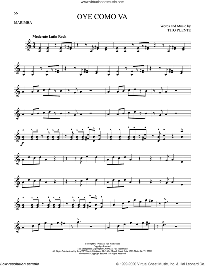 Oye Como Va sheet music for Marimba Solo by Tito Puente and Carlos Santana, intermediate skill level