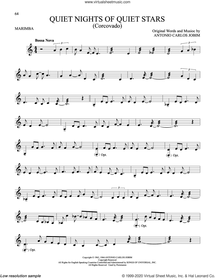 Quiet Nights Of Quiet Stars (Corcovado) sheet music for Marimba Solo by Antonio Carlos Jobim and Eugene John Lees, intermediate skill level