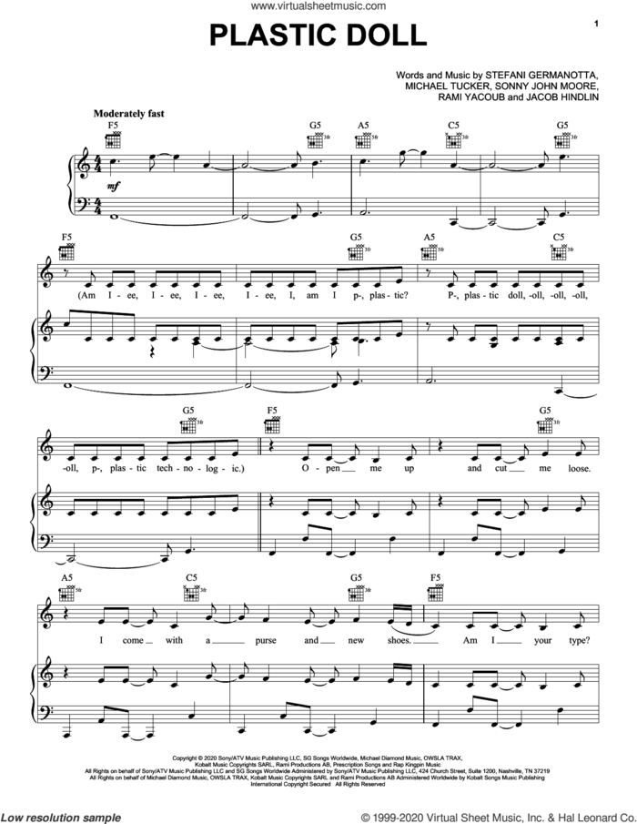 Plastic Doll sheet music for voice, piano or guitar by Lady Gaga, Jacob Hindlen, Michael Tucker, Rami and Sonny John Moore, intermediate skill level