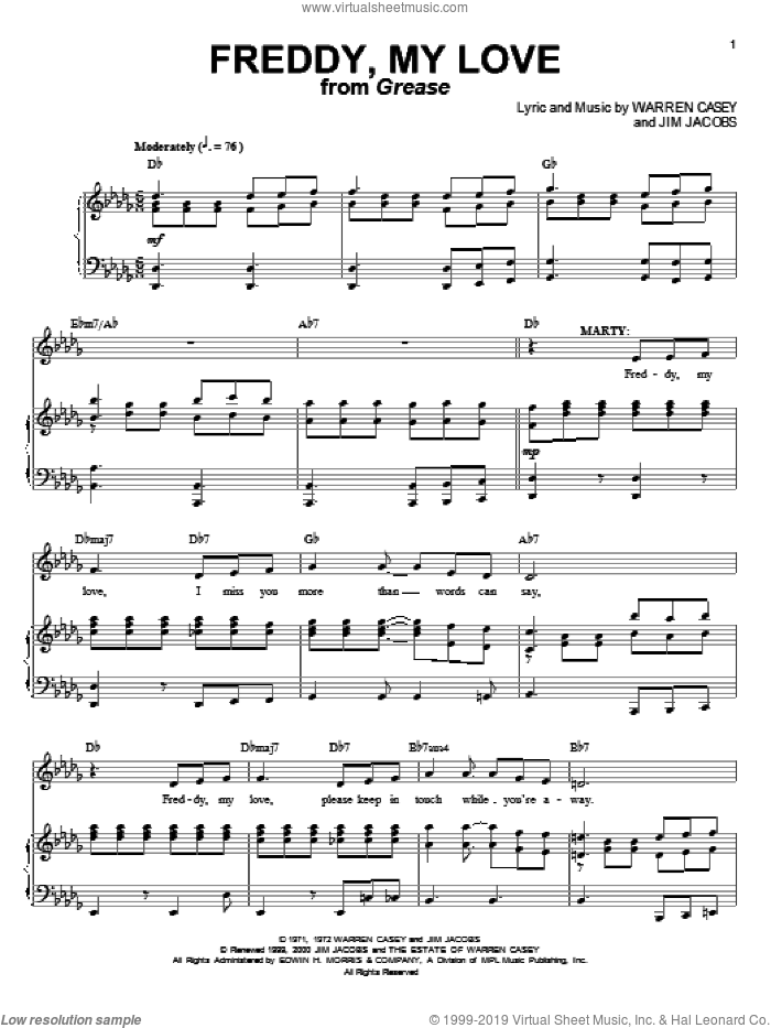 Freddy, My Love (from Grease) sheet music for voice and piano by Cindy Bullens, Jim Jacobs and Warren Casey, intermediate skill level