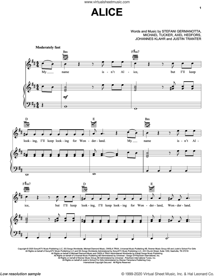 Alice sheet music for voice, piano or guitar by Lady Gaga, Axel Hedfors, Johannes Klahr, Justin Tranter and Michael Tucker, intermediate skill level