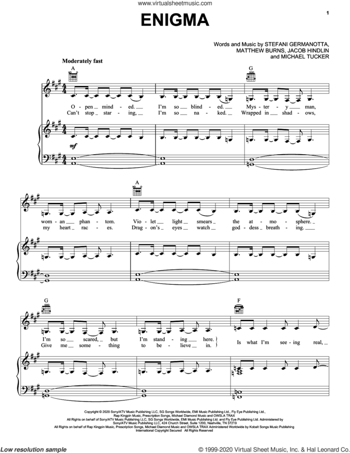 Enigma sheet music for voice, piano or guitar by Lady Gaga, Jacob Hindlin, Matthew Burns and Michael Tucker, intermediate skill level